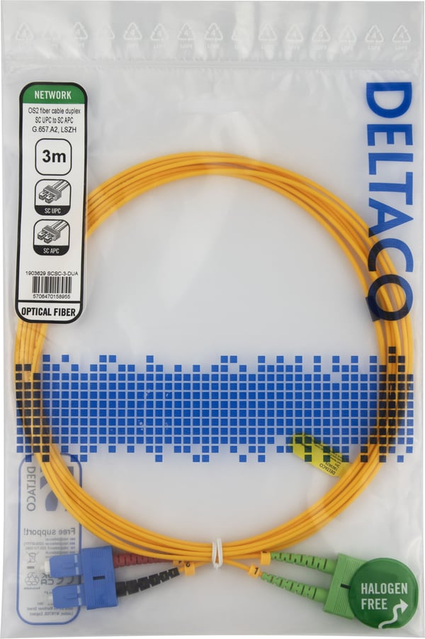 DELTACO - Nettverkskabel - SC/UPC-enkeltmodus (hann) til SC/APC-enkeltmodus (hann) - 3 m - 3 m - fiberoptisk - dupleks - 9 / 125 micron - OS2 - hal...