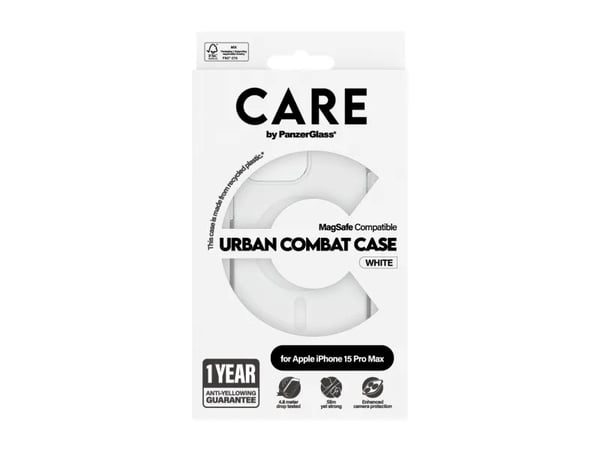 PanzerGlass CARE™ by ® Urban Combat Case Transparent w. White MagSafe iPhone 15 Pro Max, Suojus, Apple, Apple - iPhone 15 Pro Max, 17 cm (6.7"), Lä...