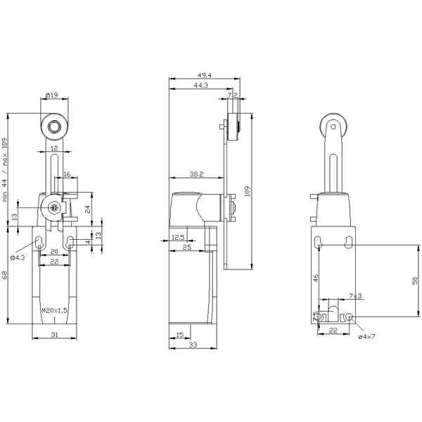 Siemens 3SE52120CK50 3SE5212-0CK50 Asentokytkin 6 A, kääntövipu, metallivipu, muovirulla, IP66, IP67, 1 kpl, metalli, IP66, IP67, 43 mm, 67 mm, 148...