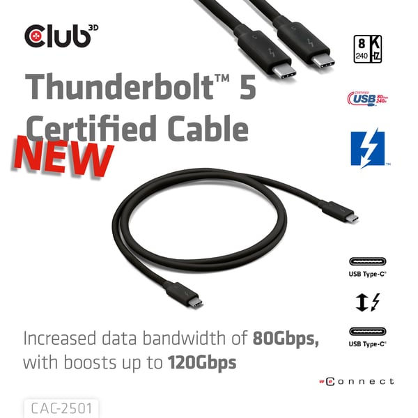 Club 3D - USB-kabel - USB-C (hane) till USB-C (hane) - USB 3.2 Gen 2 / USB4 / Thunderbolt 3 / Thunderbolt 4 / Thunderbolt 5 - 1 m - USB-strömförsör...