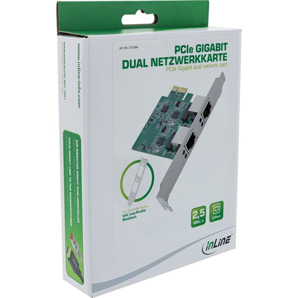 InLine 51126A, PCI Express, Kromfarget, Grønn, Realtek RTL8125B, Windows 10, Windows 8, Windows 7, Windows 8.1, Windows 11, 95 mm, 1,58 mm