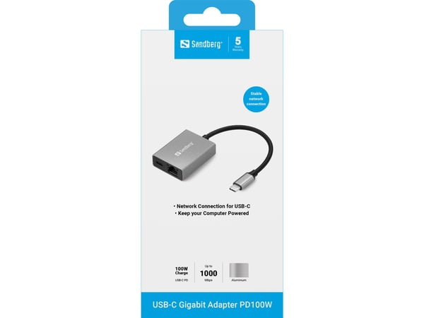 Sandberg USB-C Gigabit Adapter PD100W, USB Type-C, RJ-45, Mann/kvinne, Grå, 1 Gbit/s, Windows 10, Windows 11