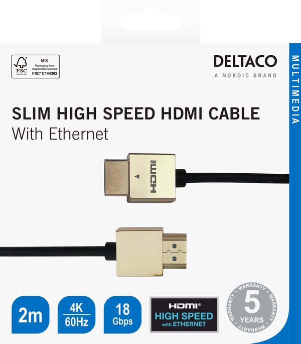 Deltaco Ultratynn høyhastighets HDMI-kabel med Ethernet, 2 m, svart/gull, 2 m, HDMI Type A (Standard), HDMI Type A (Standard), 3840 x 2160 piksler,...