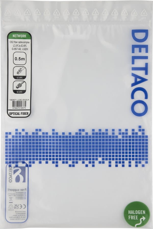 DELTACO - Nettverkskabel - LC/UPC-enkeltmodus (hann) til SC/APC-enkeltmodus (hann) - 50 cm - 0.5 m - fiberoptisk - simpleks - 9 / 125 micron - OS2 ...