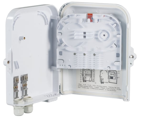 FTTH IP65 koblingsboks for 8 fibre, 8 koblinger og fiberoverflødig lengdeholder (FTTH-BOX-OUT-2)