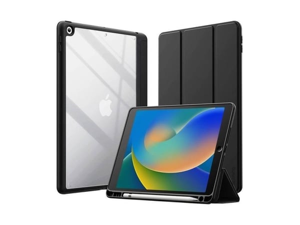 Crong PrimeFolio - iPad 10.2" (2021-2019) kotelo jalustalla ja Apple Pencil -säilytyslaitteella (musta/läpinäkyvä)