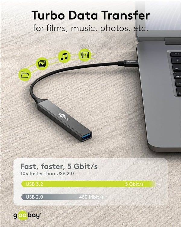 Goobay 74459, USB 3.2 Gen 1 (3.1 Gen 1) Type-C, USB 2.0 Type-A, USB 3.2 Gen 1 (3.1 Gen 1) Type-A, USB Type-C, 5000 Mbit/s, Lysegrå, Aluminium, 0,1 m
