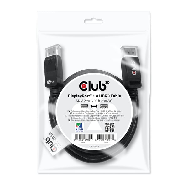 Club 3D - DisplayPort-kabel - DisplayPort (hann) til DisplayPort (hann) - DisplayPort 1.4 - 2 m - svart