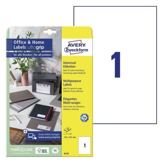 Universaletiketter Avery 210x297 mm hvid, med Ultragrip, til alle printertyper - (10 ark)