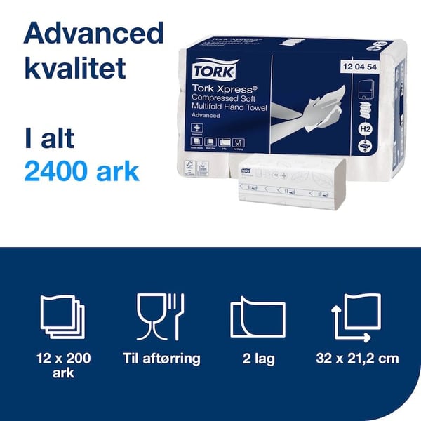 Tork H2 Xpress® Soft Multifold -käsipyyhkeet, puristetut, FSC, valkoiset - (12 pakkausta x 200 kpl laatikossa)