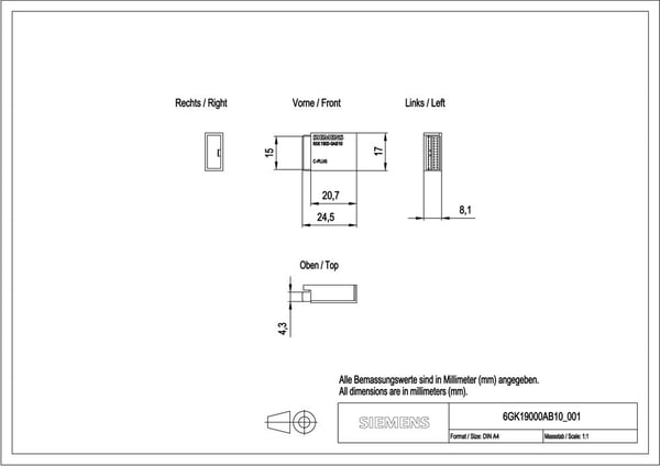 Siemens 6GK1900-0AB10, 78 mm, 126 mm, 33 mm, 27 g, 1 kpl, CE, RoHS, REACH