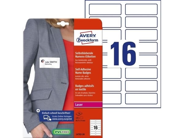 Avery Zweckform - Acetatsilke - fjernbart adhesiv - hvit - 88.9 x 31 mm 320 etikett(er) (20 ark x 16) merkelapper