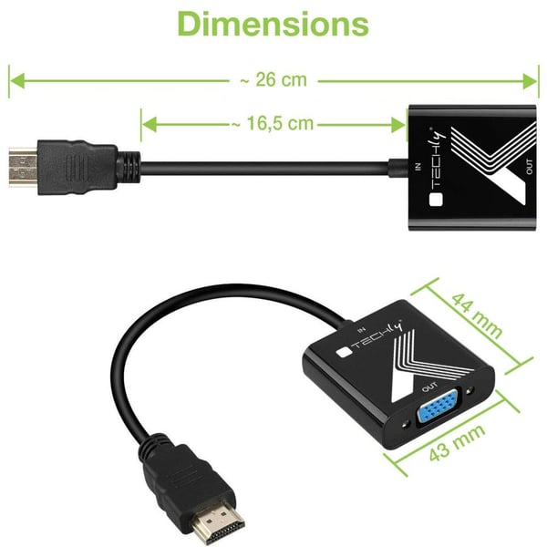 Techly IDATA HDMI-VGA2AP, musta, 0,1 m, CE, FCC, RoHS, 1920 x 1200 pikseliä, 480p, 576p, 720p, 1080p, 8 bittiä