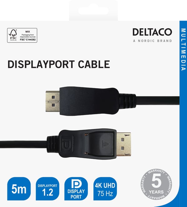 DELTACO - DisplayPort-kabel - DisplayPort (hann) låsing til DisplayPort (hann) låsing - DisplayPort 1.2 - 5 m - opptil 21,6 Gbps datahastighet, stø...