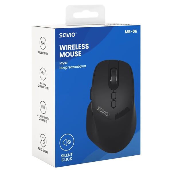 Savio MB-06, Ambidextrous, Bluetooth, 3800 dpi, Sort