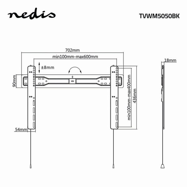 Nedis TVWM5050BK, 94 cm (37"), 177,8 cm (70"), 200 x 200 mm, 600 x 400 mm, Terästä, Musta