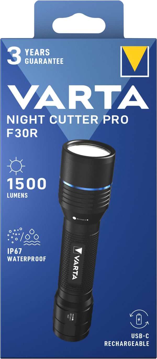 Varta Night Cutter Pro F30R, Käsikokoinen taskulamppu, musta, ABS-synteettinen, Alumiini, Polykarbonaatti (PC), Silikoni, Akkutaso, IP67, LED