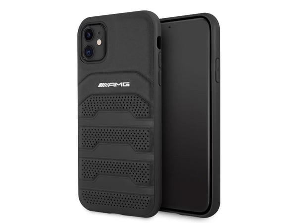Mercedes AMG AMHCN61GSEBK iPhone 11 6,1 tuuman musta / musta kova kotelo, jossa on nahkainen painatus