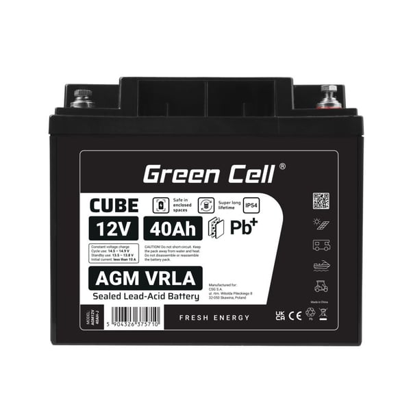 Green Cell AGM12V40AH-J, 12 V, 40 ah, 1 kpl, 5 vuosi/vuosia, Musta, Sealed Lead Acid (VRLA)