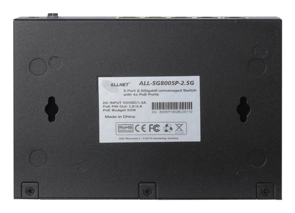 ALLNET 201875, Uhåndtert, 2.5G Ethernet (100/1000/2500), Strøm over Ethernet (PoE), Skrivebords-/veggmontering, Kan monteres på vegg