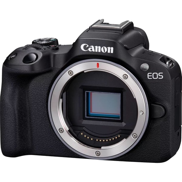 Canon EOS R50 -kamera, RF-S 18–45 mm + RF 75–300 mm, musta