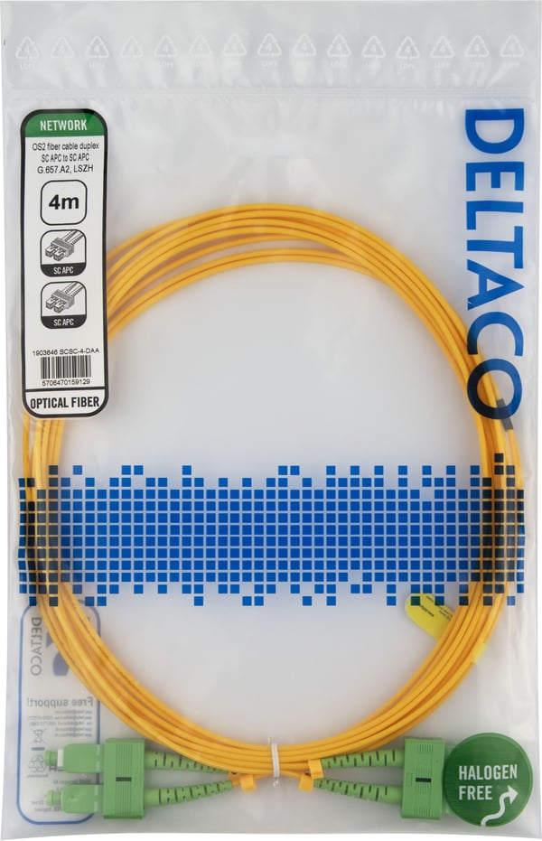 DELTACO - Nettverkskabel - SC/APC-enkeltmodus (hann) til SC/APC-enkeltmodus (hann) - 4 m - 4 m - fiberoptisk - dupleks - 9 / 125 micron - OS2 - hal...
