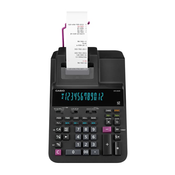 Casio DR-200R-BK, Työpöytä, Tulostuslaskin, 12 lukua, AC/Akku, Musta