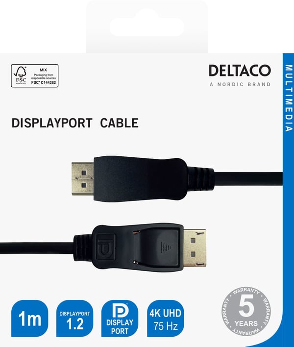 DELTACO - DisplayPort-kabel - DisplayPort (hann) låsing til DisplayPort (hann) låsing - DisplayPort 1.2 - 1 m - opptil 21,6 Gbps datahastighet, stø...
