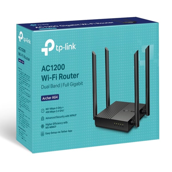 TP-Link ARCHER A64, Wi-Fi 5 (802.11ac), Dobbelbånd (2.4 GHz / 5 GHz), Ethernet/bredbåndsforbindelse, Svart, Frittstående router