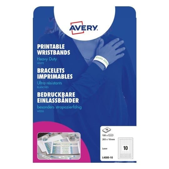 Armbånd Avery 265x18 mm hvite, PVC-frie, utskrivbare armbånd for laserskriver - (10 ark x 10 stk.)