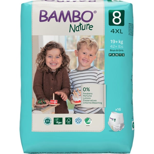Babyblöja, byxblöja, miljömärkt, Bambo Nature Pants, 8, 19+ kg - (5 förpackningar x 16 st.)