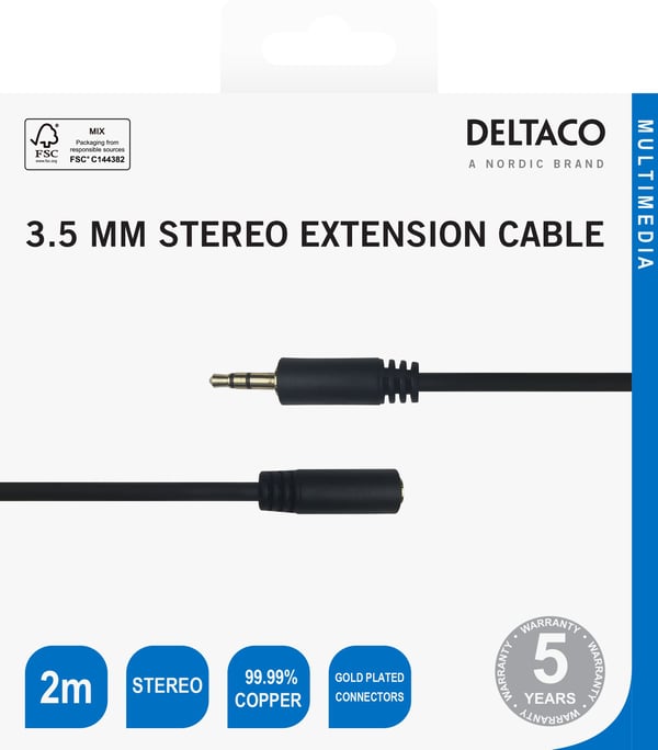 DELTACO - Lydforlengelseskabel - 3,5 mm telefonjakk hunn til 3,5 mm telefonjakk hann - 2 m - svart