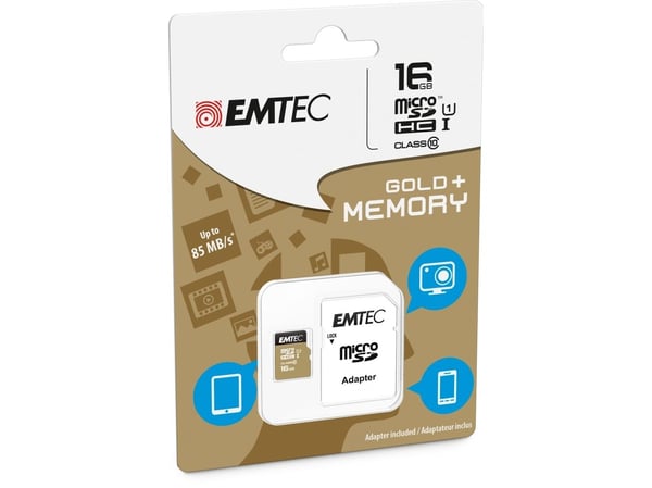 EMTEC Gold+ - Flashminnekort (SD-adapter inkludert) - 16 GB - Class 10 - microSD - gull