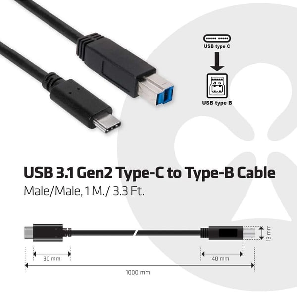Club 3D - USB-kabel - USB-C (han) til USB Type B (han) - USB 3.1 Gen 2 - 30 V - 3 A - 1 m