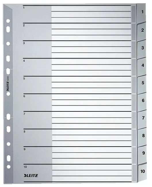 Leitz - Inndeler - 10 deler - fortrykt: 1-10 - for A4 (210 x 297 mm) - med fliker - grå