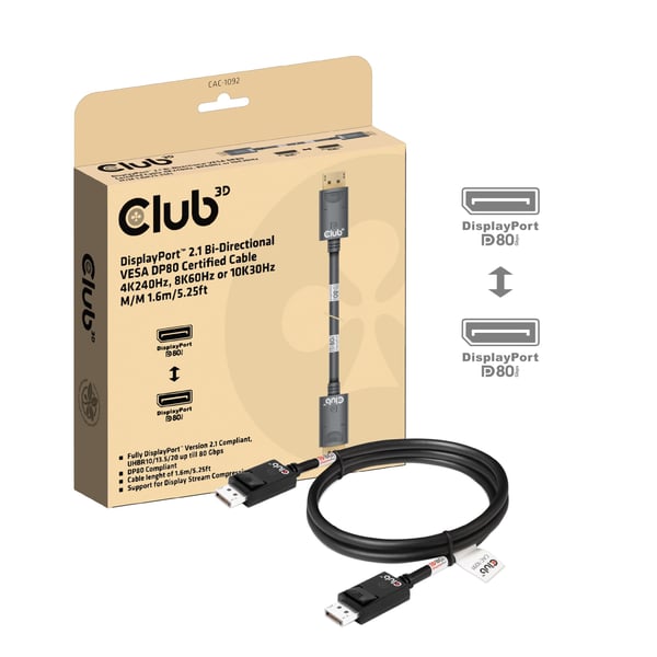 Club 3D - DisplayPort-kabel - DisplayPort (hann) låst til DisplayPort (hann) låst - DisplayPort 2.1 - 1.6 m - 8K 60Hz støtte, toretnings, 4K 240Hz ...