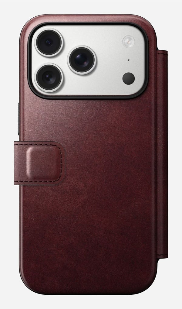 Nomad Modern Leather Folio-deksel til iPhone 17 Pro, MagSafe, burgunder
