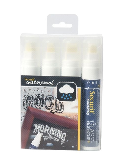 Securit Waterproof Glass + Chalkboard Markers, Large Nib, Wallet 4-Pack, White (SMA820-V4-WT), Hvit, Blokk, Luktfri, 4 stykker