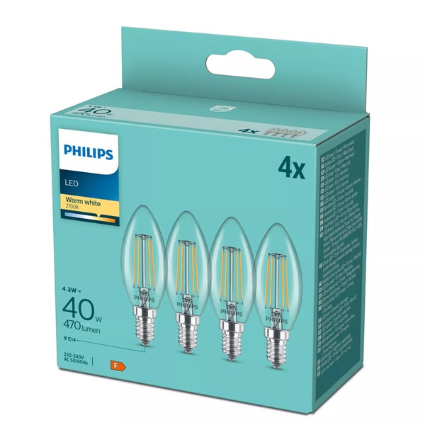 Philips LED Classic Candle - LED-glödlampa med filament - form: B35 - klar finish - E14 - 4.3 W (motsvarande 40 W) - klass F - varmt vitt ljus - 27...