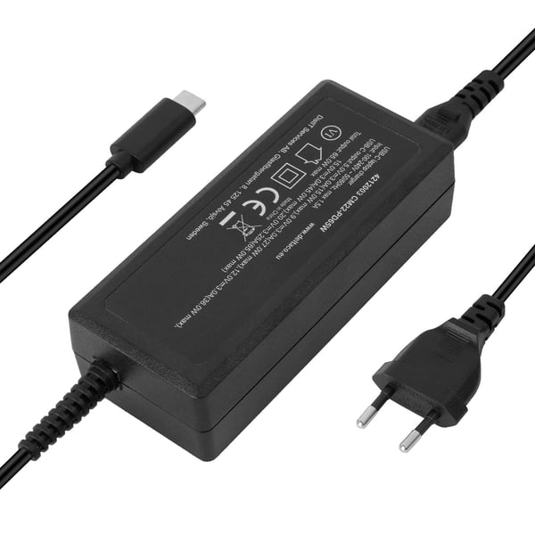 DELTACO - USB-C-strømadapter - AC 100-240 V - 65 watt - 1 m kabel - svart