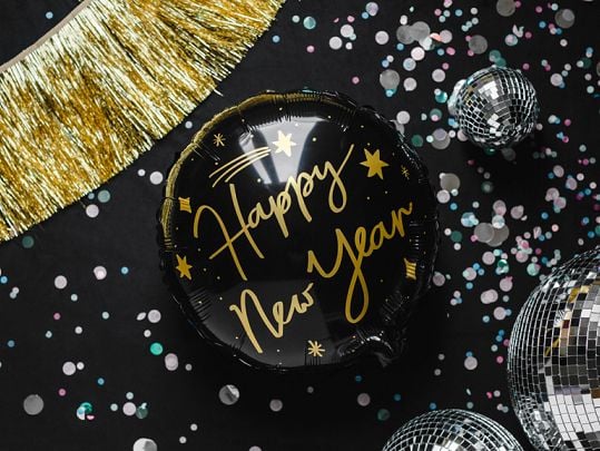 PartyDeco Happy New Year, Lekeballong, Folie, Sort, Bilde, Nyttårsaften, Rund