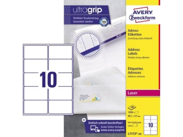 Laseretiket Avery L7173-100 99,1x57 mm hvid - (100 ark x 10 stk.)