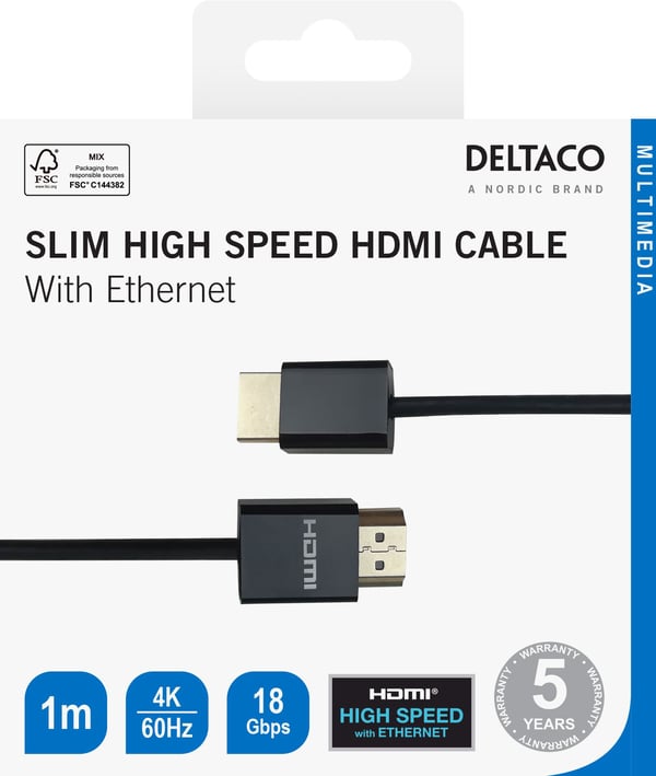Deltaco Tynn høyhastighets HDMI-kabel med Ethernet, 1 m, svart, 1 m, HDMI Type A (Standard), HDMI Type A (Standard), 3840 x 2160 piksler, 18 Gbit/s...
