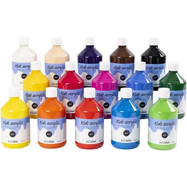 Akrylmaling A-Color 02 - mat, 15 flasker a 500 ml i forskellige farver