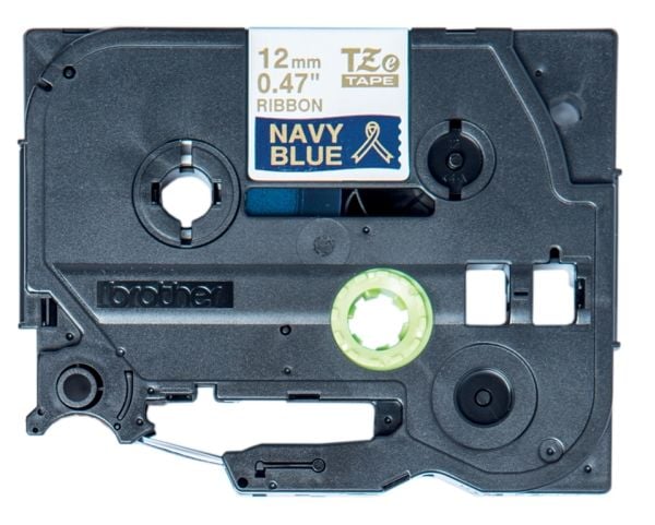 Brother TZe-RN34 gavebånd 12mm x 4m - guld på marineblå satinbånd