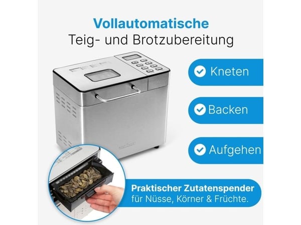 ProfiCook PC-BBA 1282, 1,5 kg, Fördröjd start timer, Tittfönster, Timer, Kontroll av färg på skorpan, Hålla sig varm funktion