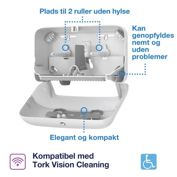 Dispenser Tork OptiServe® T7 sort, til 4 ruller toalettpapir uten hylse