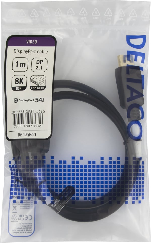 DELTACO - DisplayPort-kabel - DisplayPort (hann) hasp til DisplayPort (hann) hasp - DisplayPort 2.1a - 1 m - VESA DP54-sertifisert - svart
