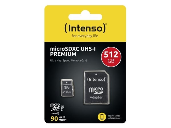 Intenso Premium - Flash-minneskort (microSDXC till SD-adapter inkluderad) - 512 GB - UHS Class 1 / Class10 - mikroSDXC UHS-I
