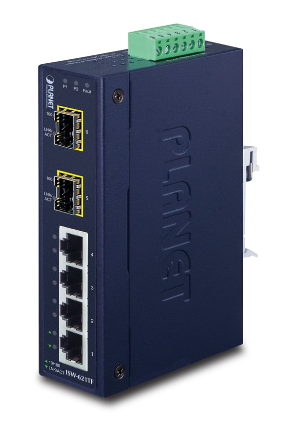 PLANET ISW-621TF - Switch - 4 x 10/100 + 2 x SFP - DIN-skinnemonterbar, veggmonterbar - DC-strøm
